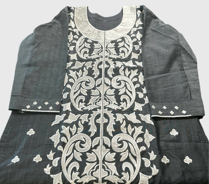 Women's dark grey chanderi silk tunic with bold white embroidery in L