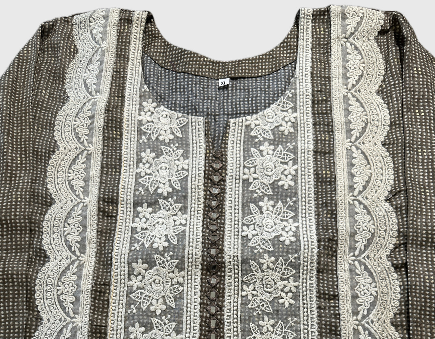 Women's Brown printed top with mirror & lace panel in XL