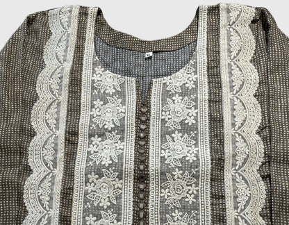 Women's Brown printed top with mirror & lace panel in XL