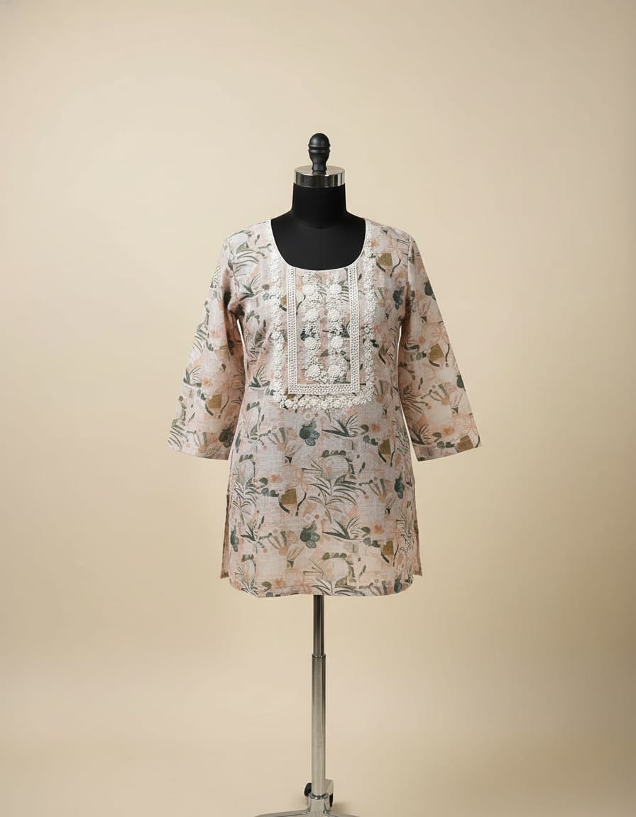 Women's Beige linen top with white embroidery in XL