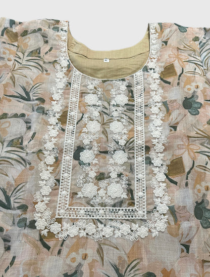 Women's Beige linen top with white embroidery in XL