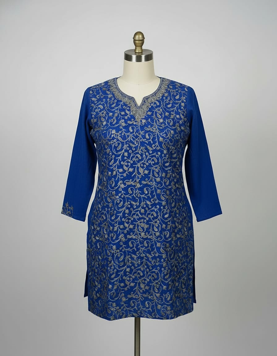 Women's Ink Blue crushed cotton top with Kashmiri aari work in 2XL