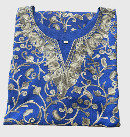 Women's Ink Blue crushed cotton top with Kashmiri aari work in 2XL