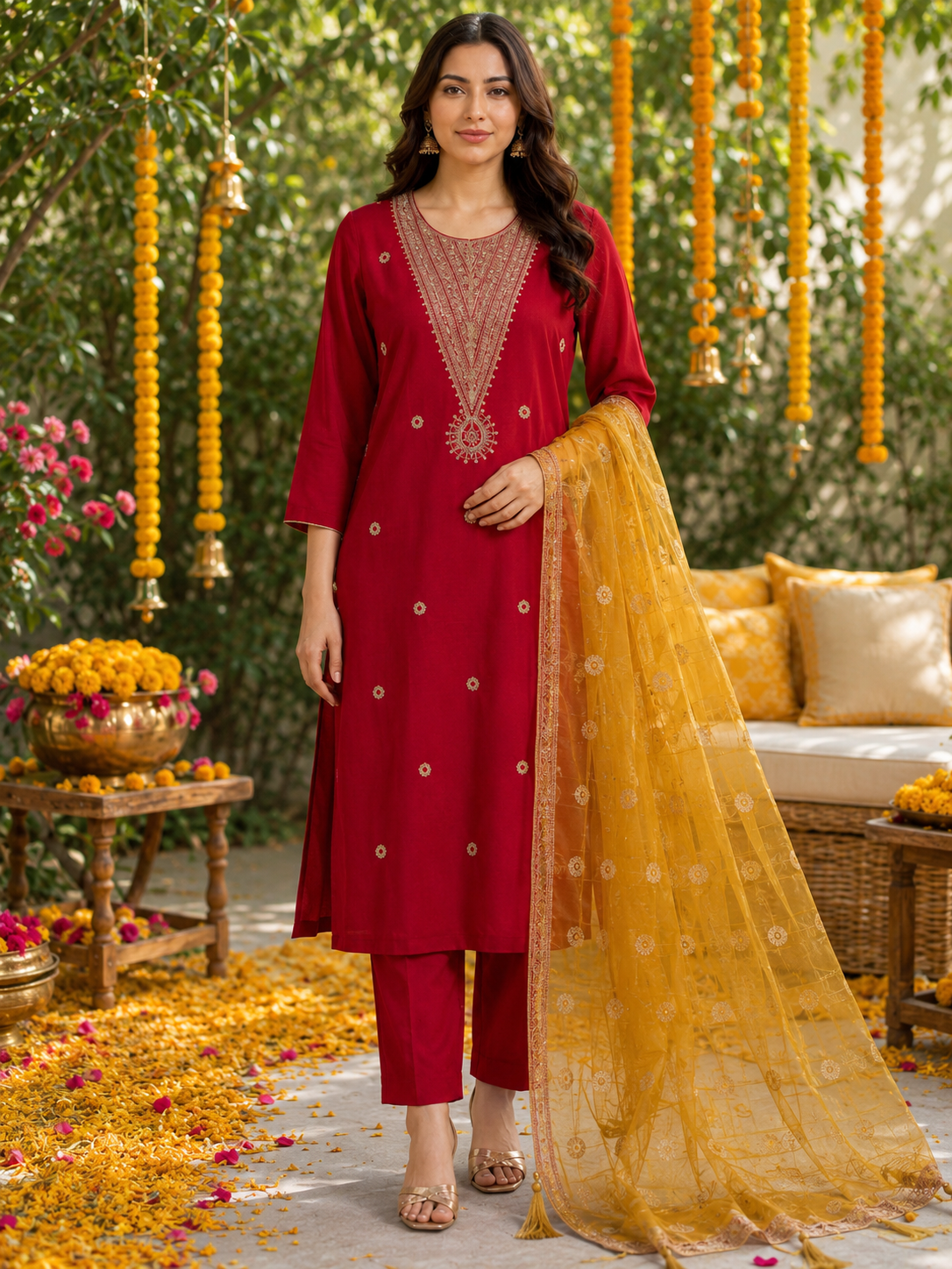 Women’s Red Roman silk Kurta Set with yellow dupatta in S