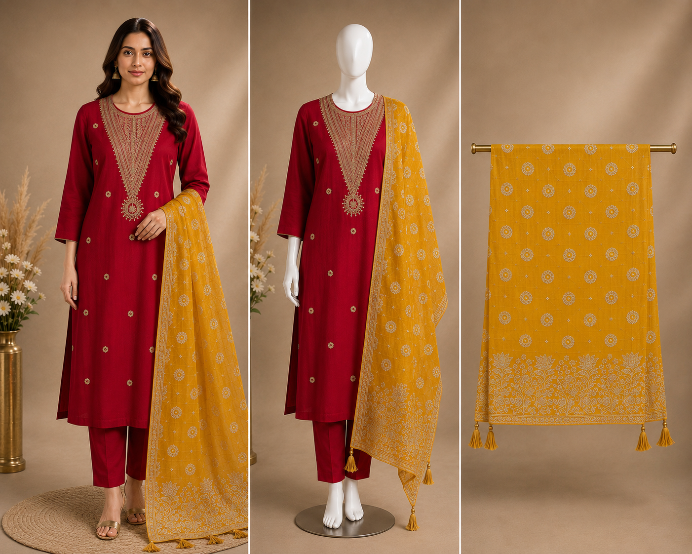Women’s Red Roman silk Kurta Set with yellow dupatta in S