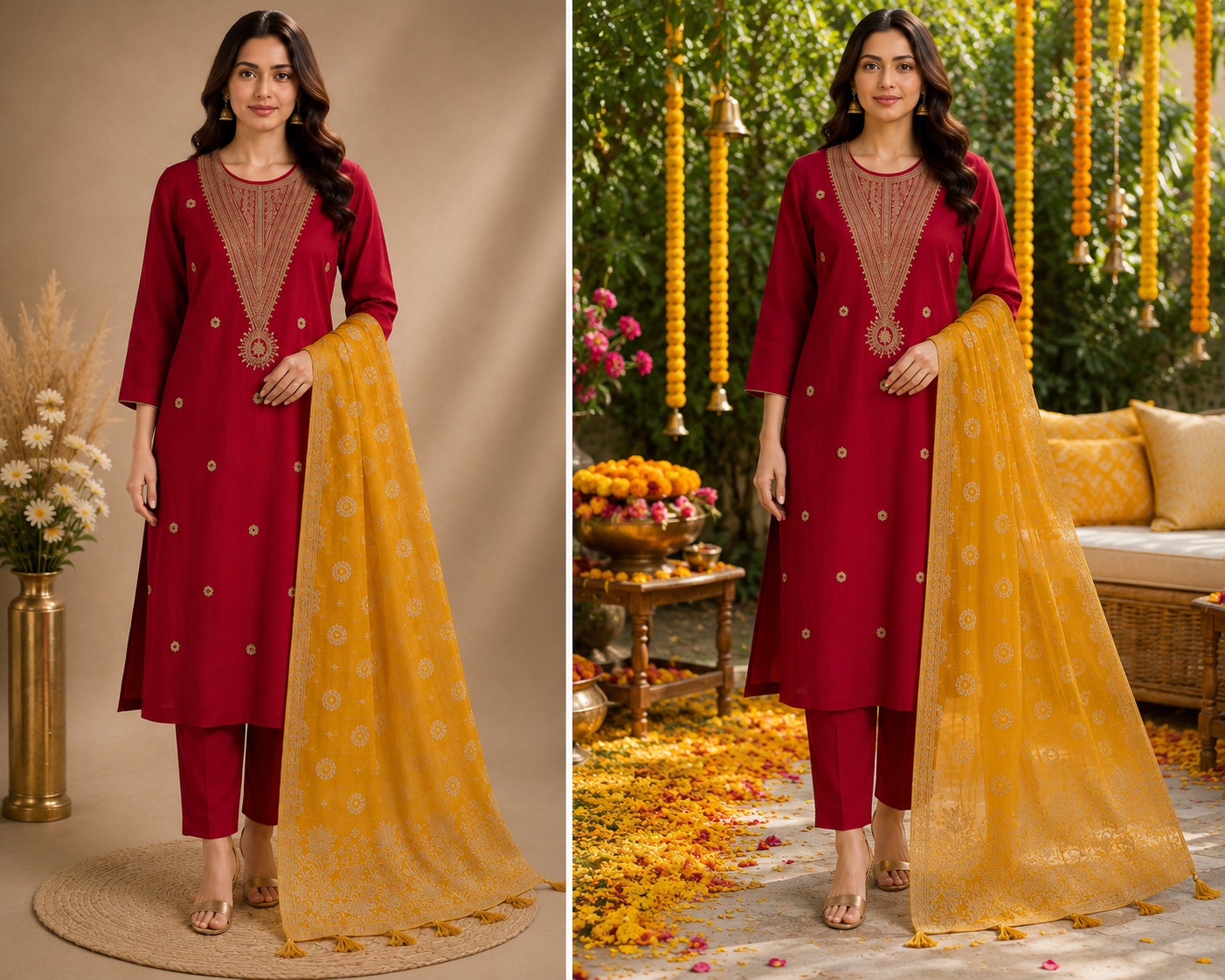 Women’s Red Roman silk Kurta Set with yellow dupatta in S