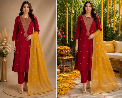 Women’s Red Roman silk Kurta Set with yellow dupatta in S