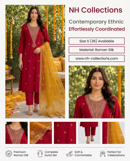 Women’s Red Roman silk Kurta Set with yellow dupatta in S