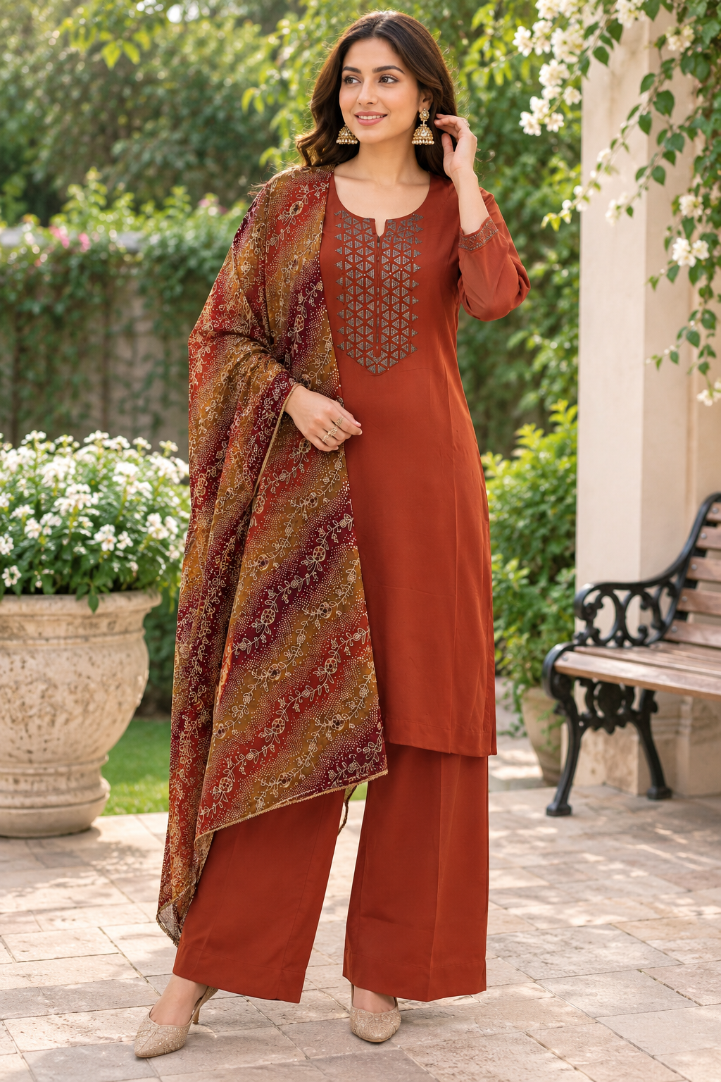 Women’s Rust Chinnon Embroidered Kurta Set in M