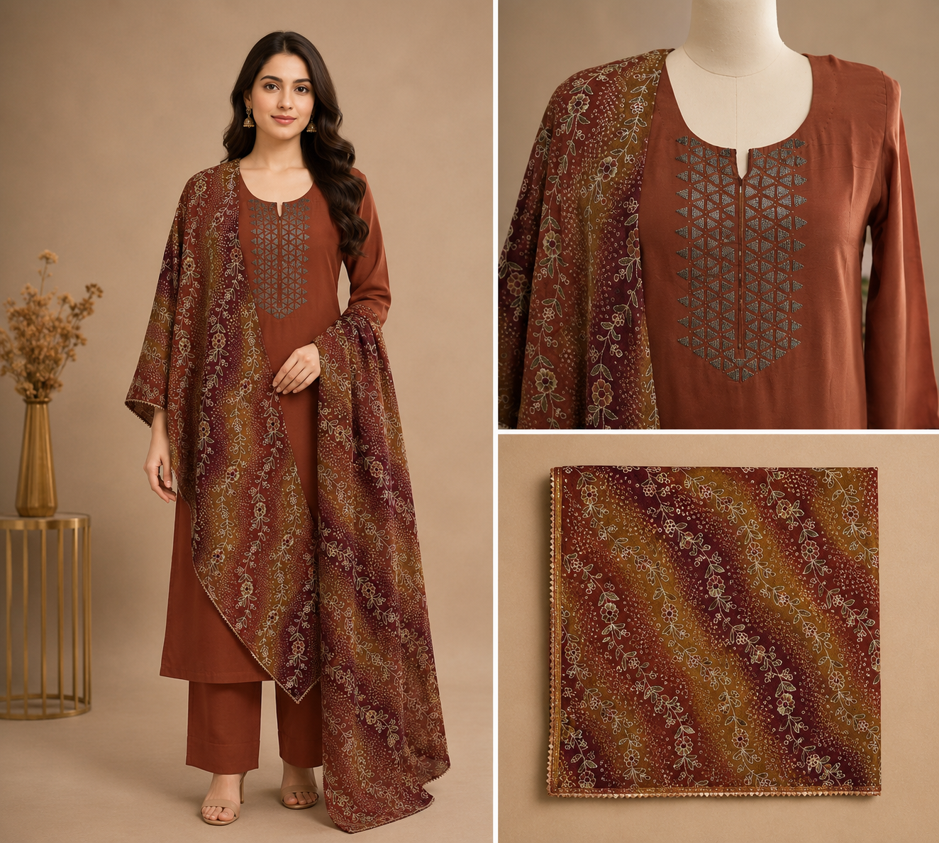Women’s Rust Chinnon Embroidered Kurta Set in M