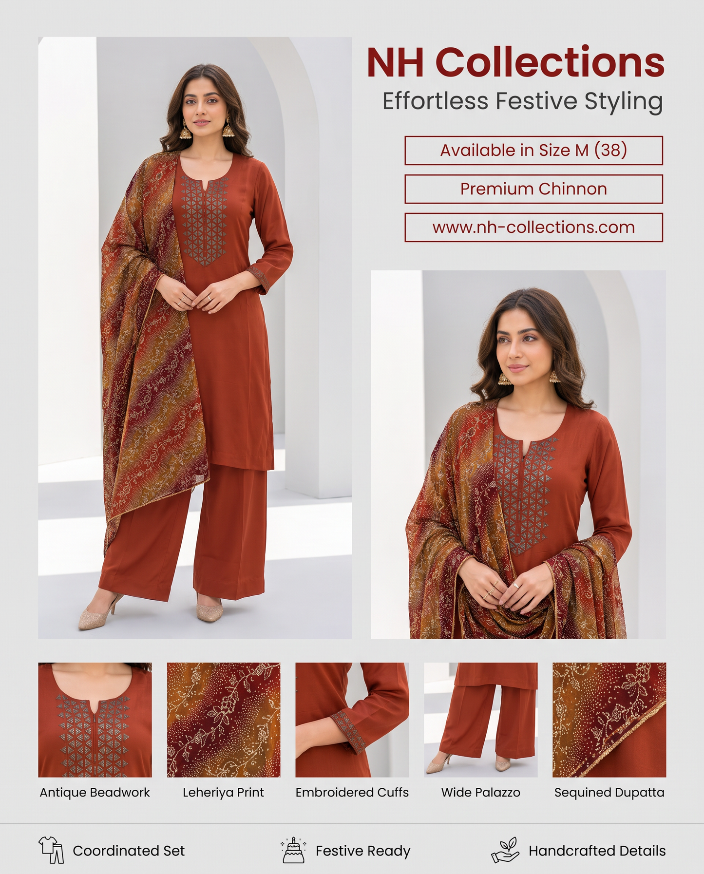 Women’s Rust Chinnon Embroidered Kurta Set in M