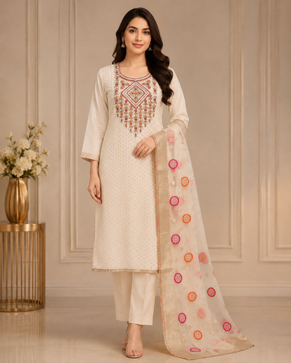 Women’s Ivory Organza Jacquard Embroidered Kurta Set in L
