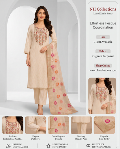 Women’s Ivory Organza Jacquard Embroidered Kurta Set in L