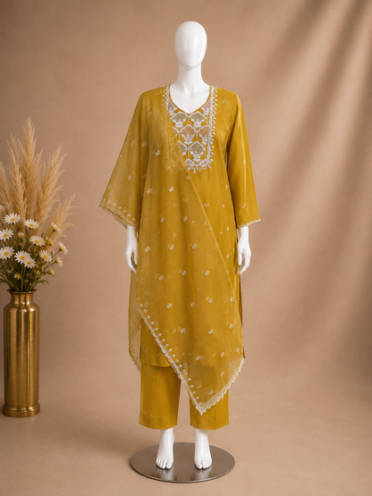 Women’s Mustard Muslin Silk Kurta Set in XL