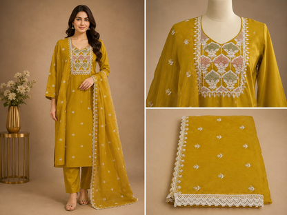 Women’s Mustard Muslin Silk Kurta Set in XL