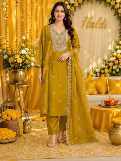 Women’s Mustard Muslin Silk Kurta Set in XL