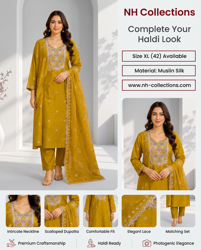 Women’s Mustard Muslin Silk Kurta Set in XL