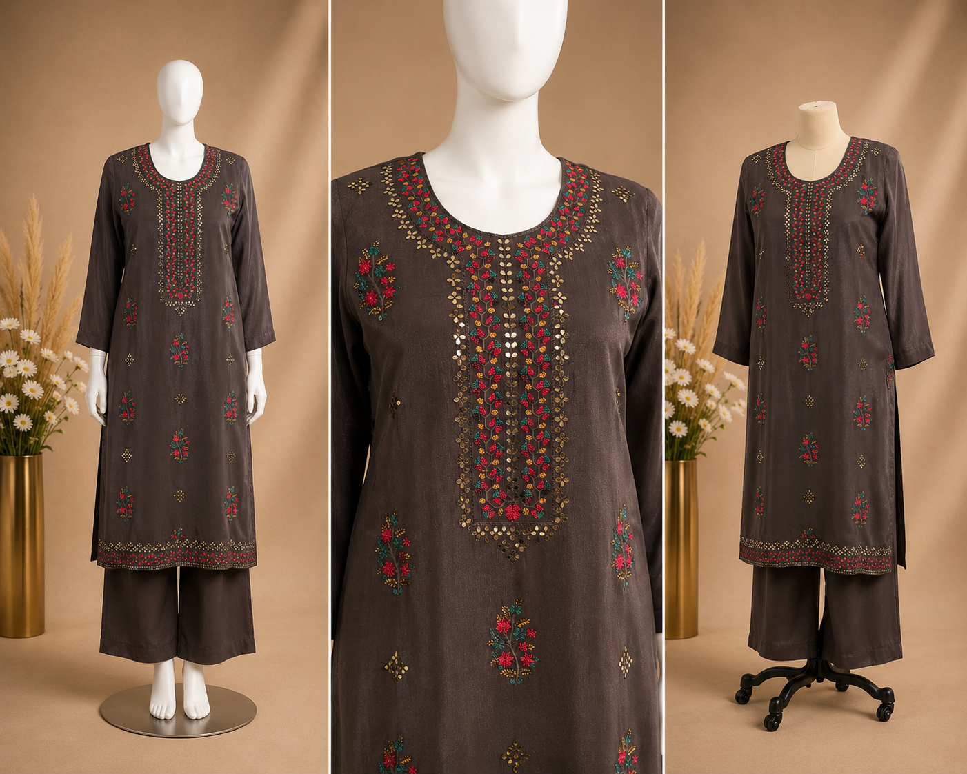 Women’s Brown Chinnon kurta set with thread embroidery in L