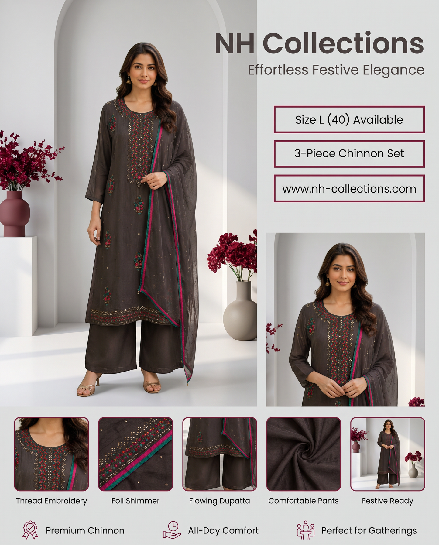 Women’s Brown Chinnon kurta set with thread embroidery in L