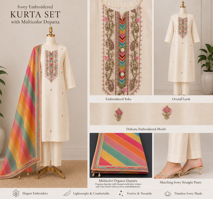 Women’s Ivory kurta set with multicolor leheriya dupatta in M