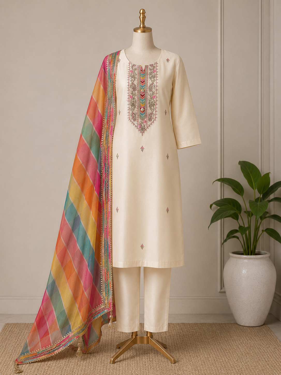 Women’s Ivory kurta set with multicolor leheriya dupatta in M