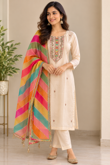 Women’s Ivory kurta set with multicolor leheriya dupatta in M