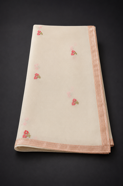 Women’s Beige organza embroidered kurta set with chiffon dupatta in XL