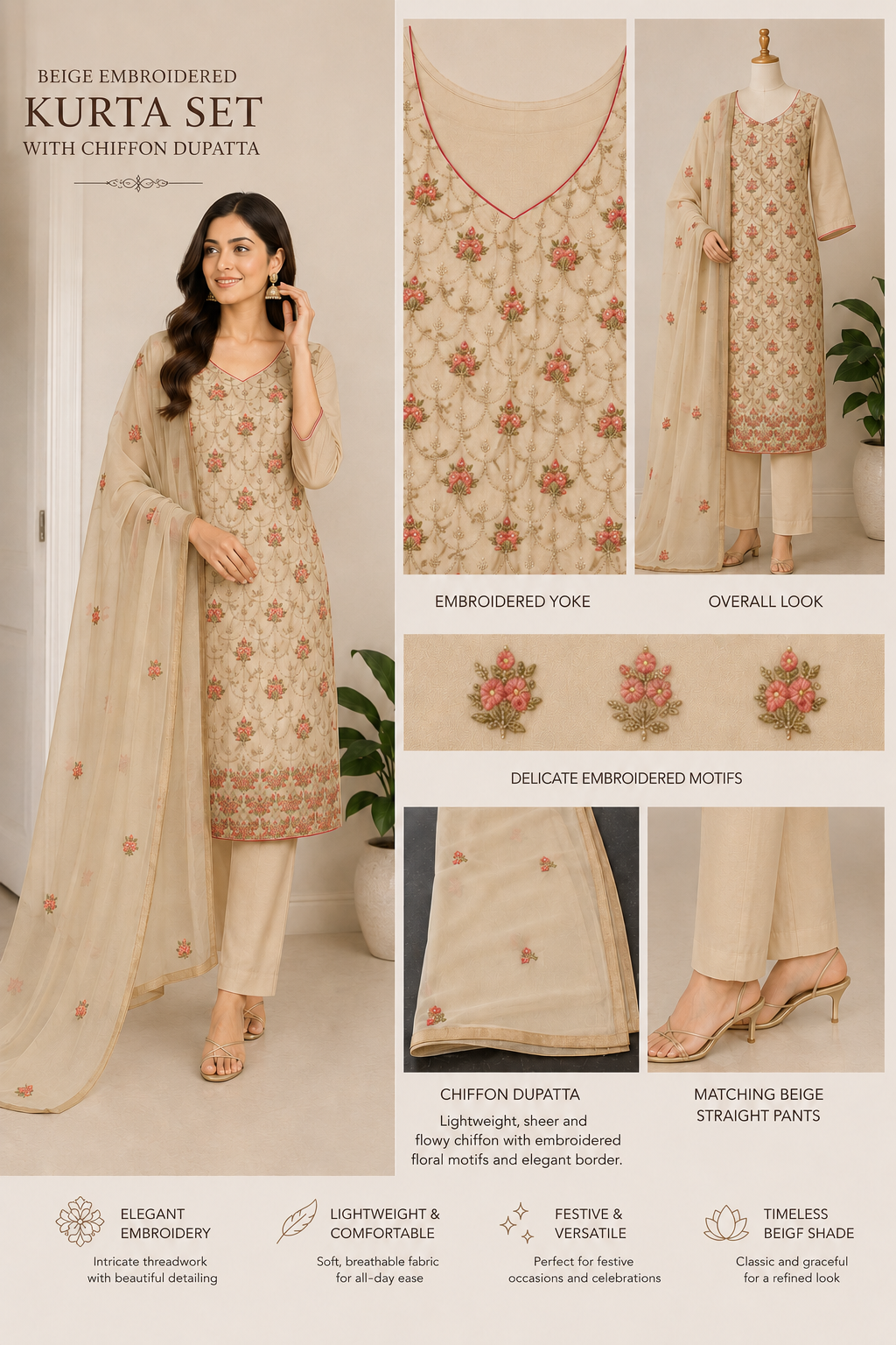 Women’s Beige organza embroidered kurta set with chiffon dupatta in XL