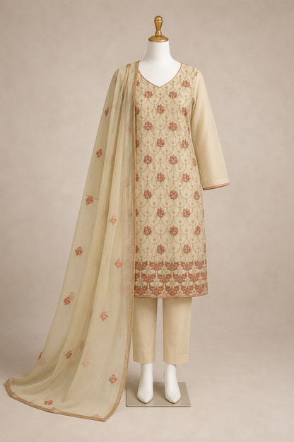 Women’s Beige organza embroidered kurta set with chiffon dupatta in XL