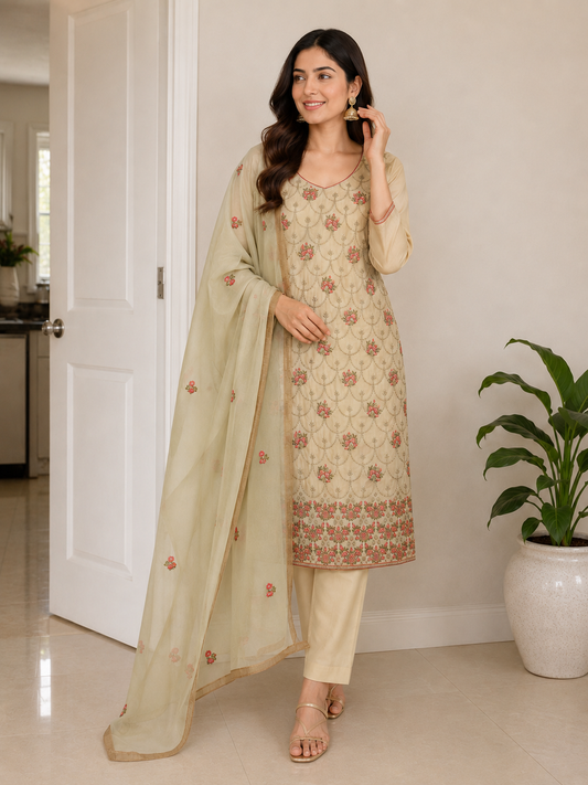 Women’s Beige organza embroidered kurta set with chiffon dupatta in XL