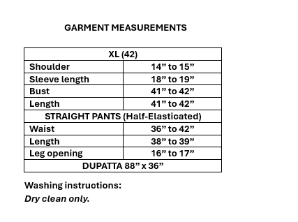 Size guide for Women’s Beige organza embroidered kurta set with chiffon dupatta in XL