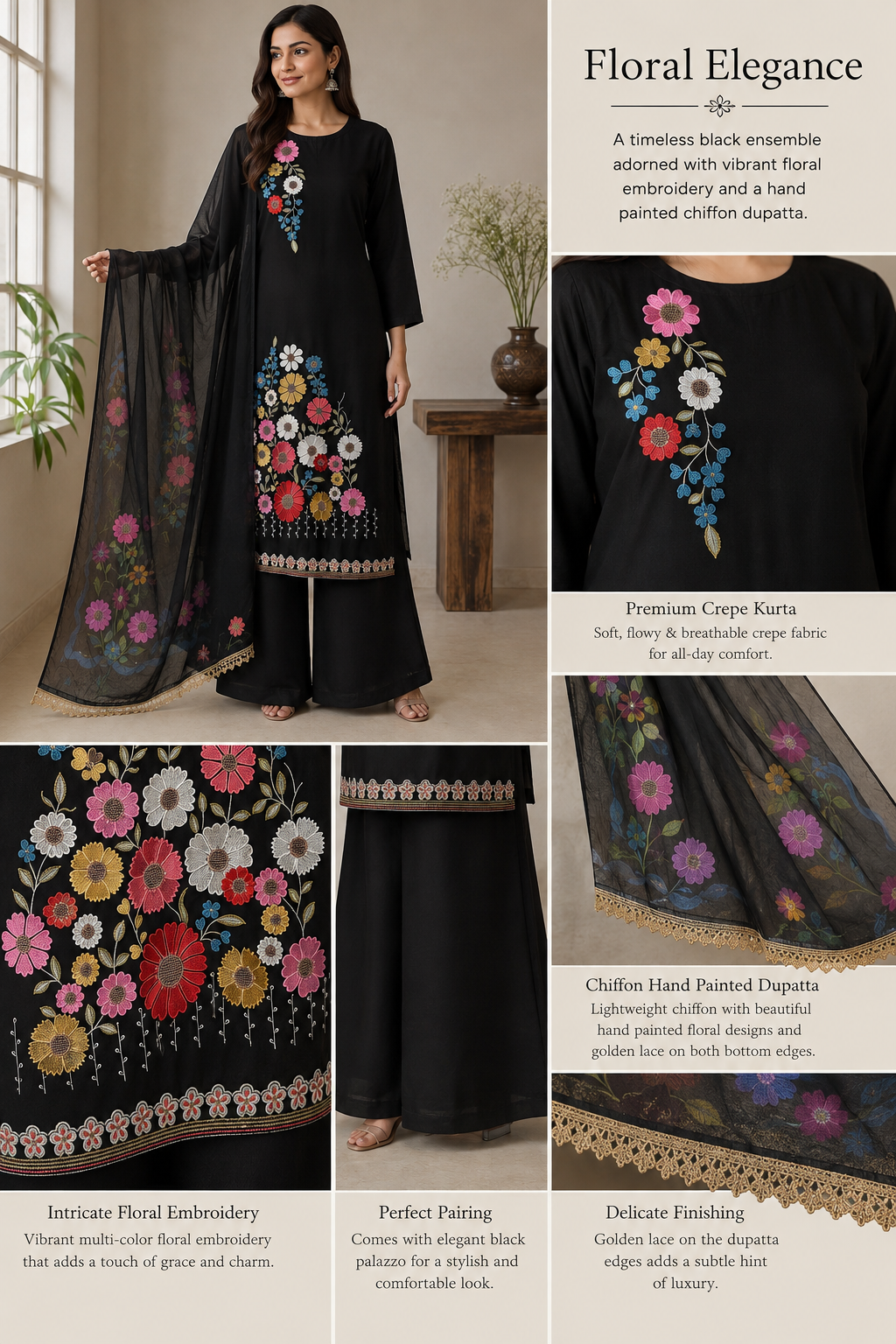 Women’s Black crepe kurta set with hand painted chiffon dupatta in M