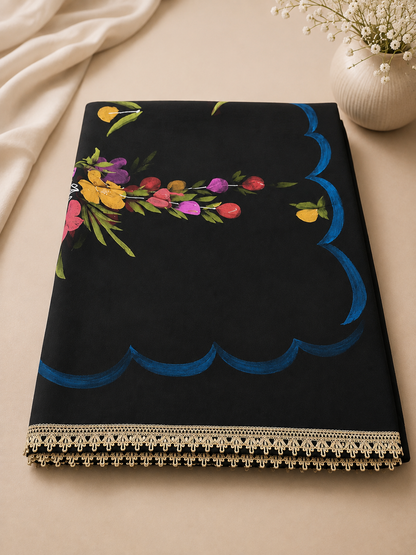 Women’s Black crepe kurta set with hand painted chiffon dupatta in M