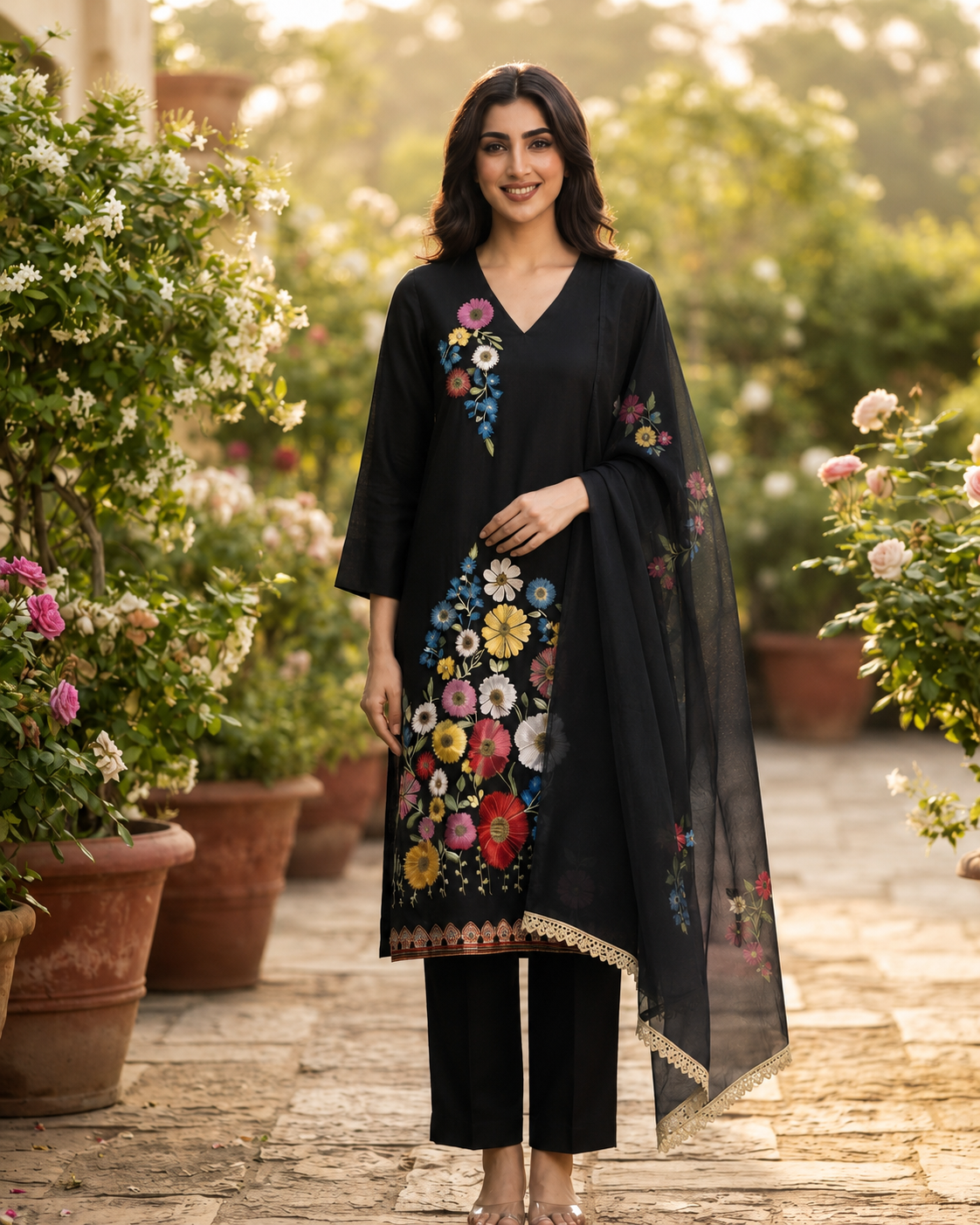 Women’s Black crepe kurta set with hand painted chiffon dupatta in M