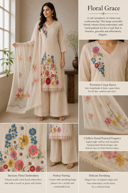 Women’s Beige crepe kurta set with hand painted chiffon dupatta in L