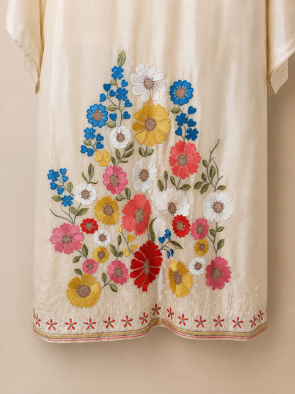 Women’s Beige crepe kurta set with hand painted chiffon dupatta in L