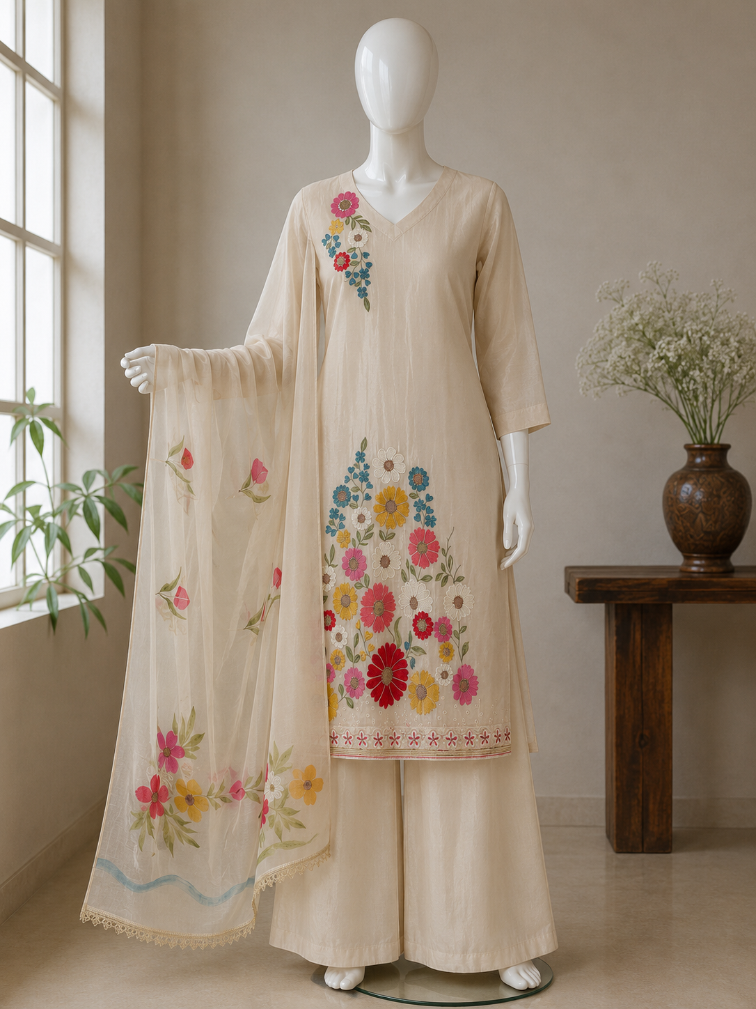 Women’s Beige crepe kurta set with hand painted chiffon dupatta in L