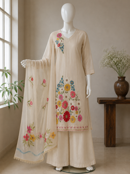Women’s Beige crepe kurta set with hand painted chiffon dupatta in L
