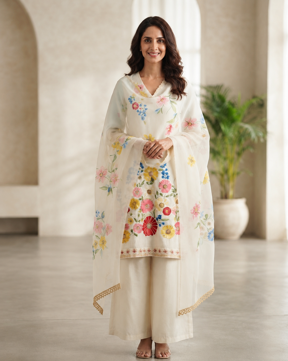 Women’s Beige crepe kurta set with hand painted chiffon dupatta in L