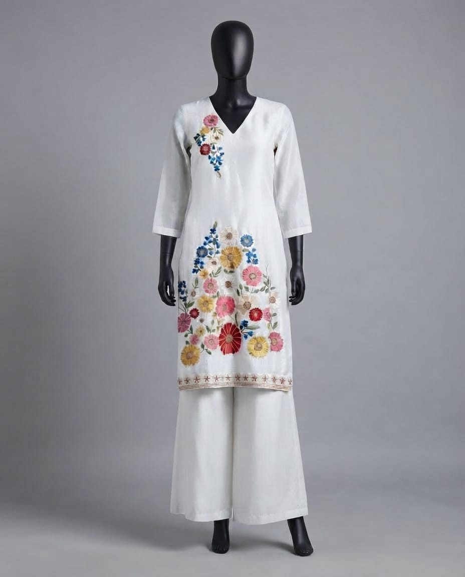 Women’s Off-white crepe kurta set with hand painted chiffon dupatta in S