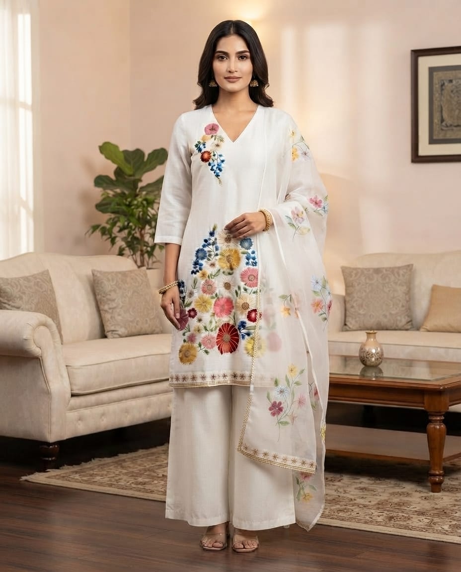 Women’s Off-white crepe kurta set with hand painted chiffon dupatta in S