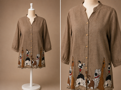 Women’s Brown linen cartoon embroidered top in L & XL