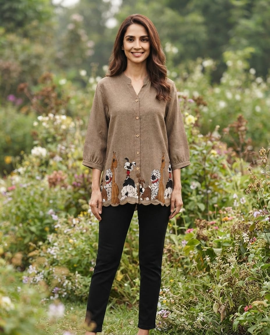 Women’s Brown linen cartoon embroidered top in L & XL