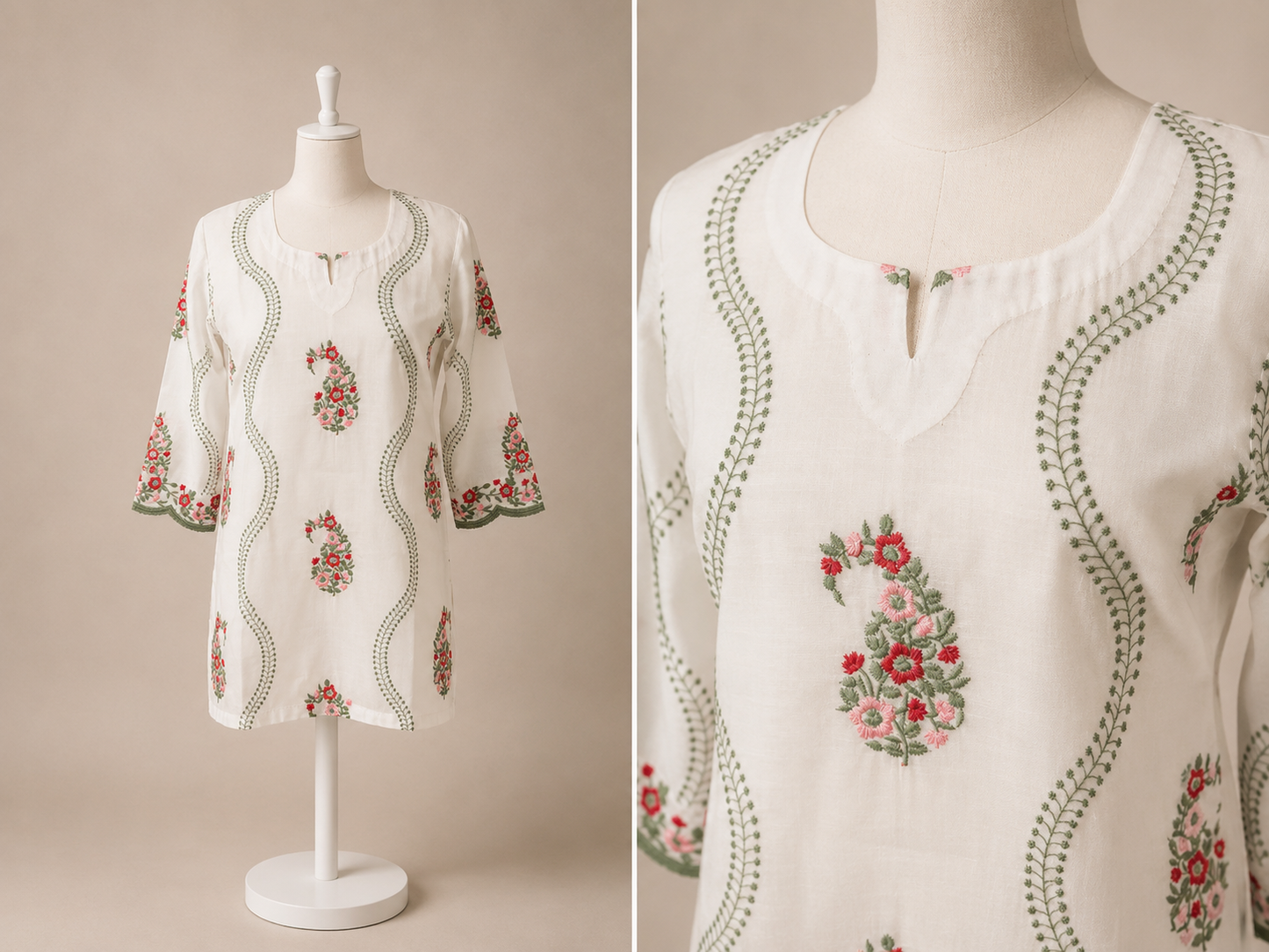 Women’s off-white mul chanderi top with colorful floral embroidery in L
