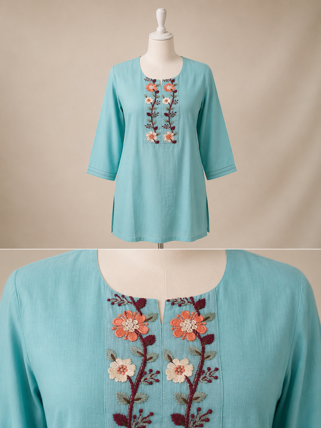 Women’s cyan mul cotton top with neck embroidery in L