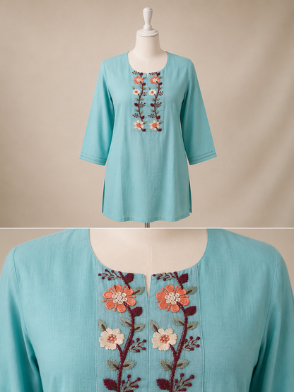 Women’s cyan mul cotton top with neck embroidery in L
