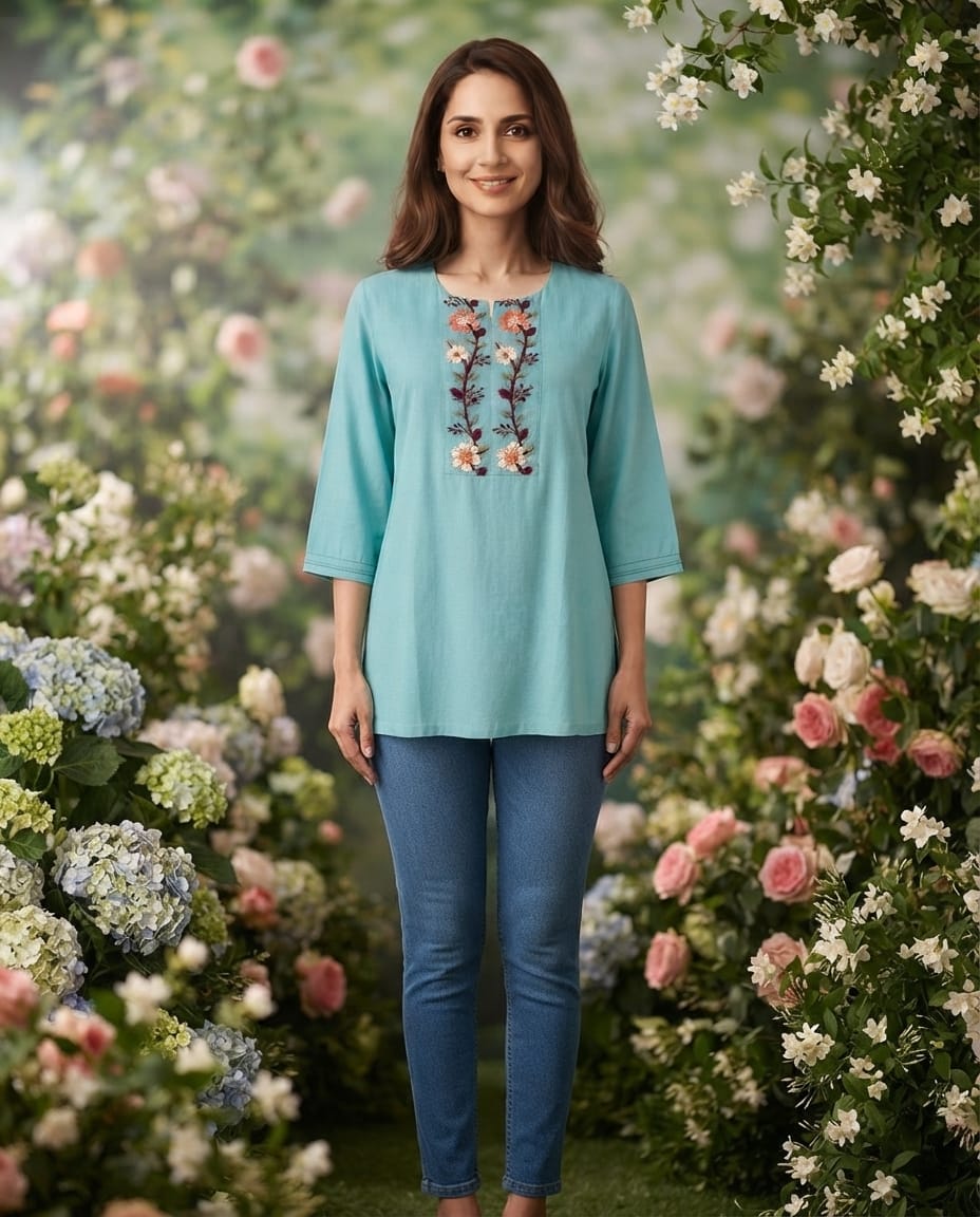 Women’s cyan mul cotton top with neck embroidery in L