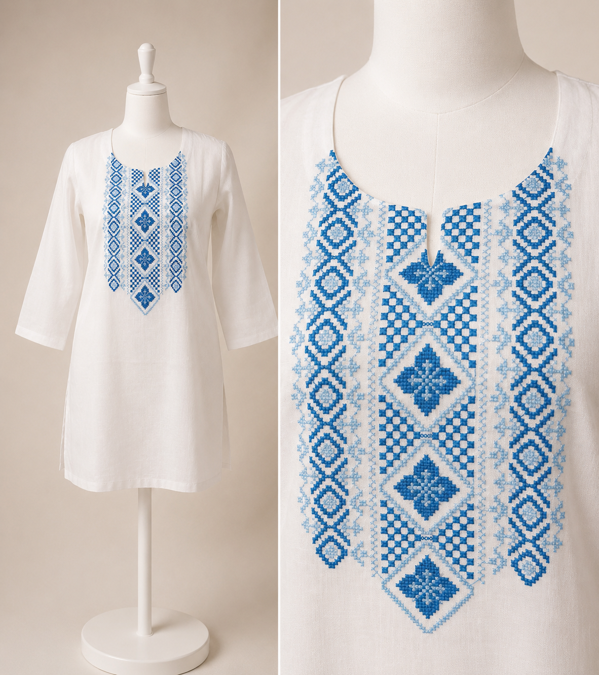 Women's White Cotton Cross-Stitch Embroidered Top in M