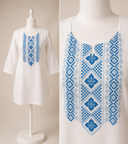 Women's White Cotton Cross-Stitch Embroidered Top in M