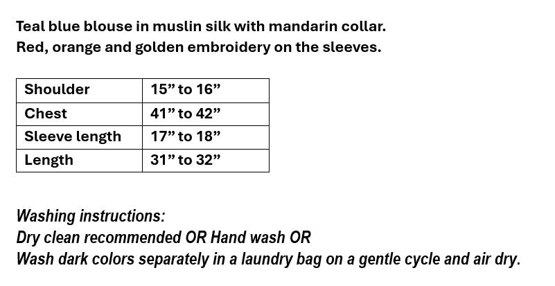 Women's teal blue muslin silk blouse in XL